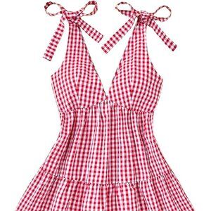 Gingham Red Tie Shoulder Mini Dress Ruffle Hem Deep V